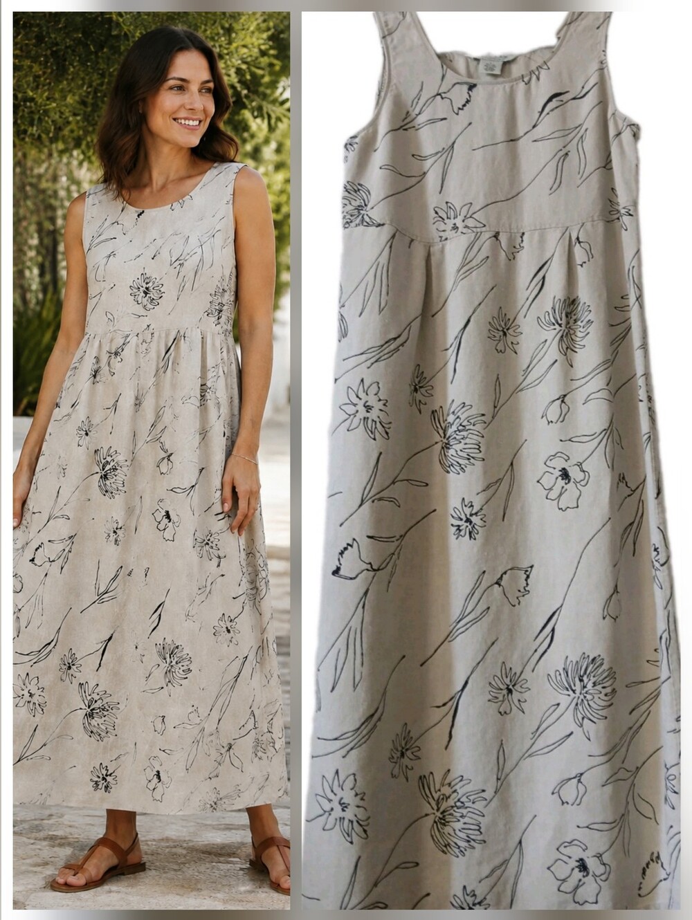 UNIFORM John Paul Richard Beige Sleeveless Linen Floral Maxi Dress Womens Size L